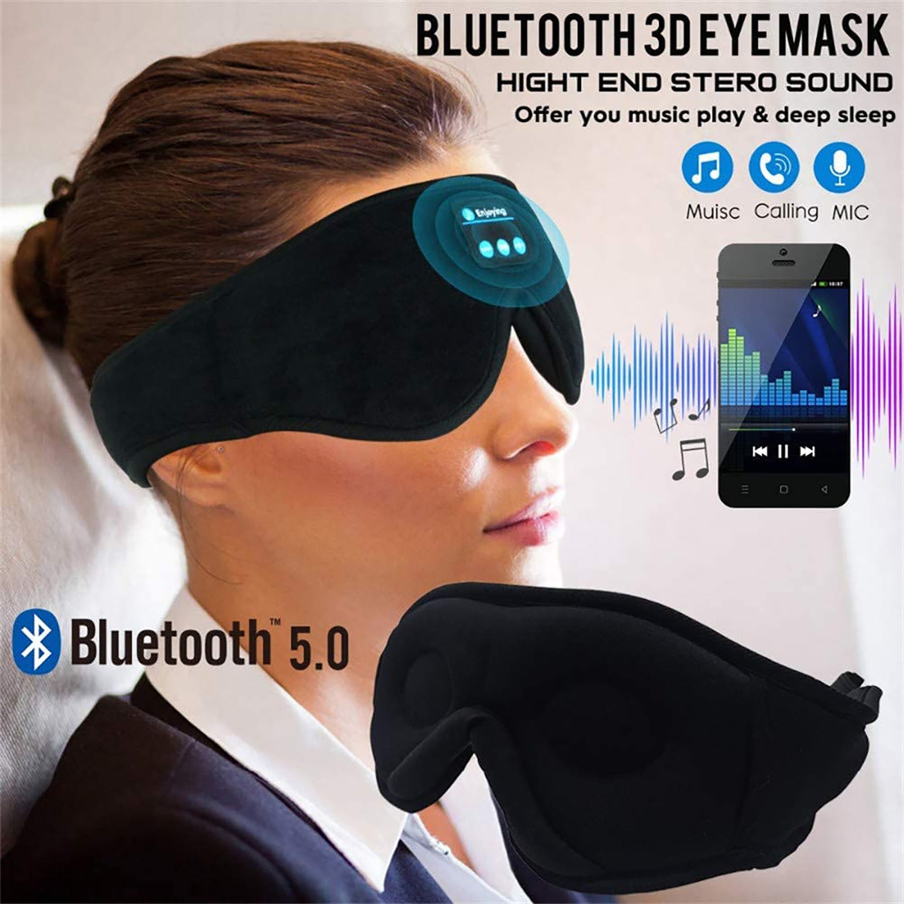 DeepRest Pro: Bluetooth 5.0 Blackout Sleep Mask with Hi-Fi Stereo & Hands-Free Calling - Nukindz